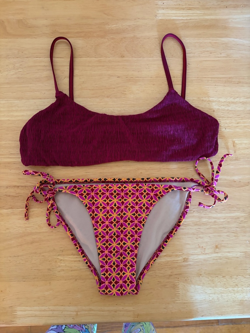 Old Navy Two-Piece Bikini Set in Plum Top and Pink/Orange Patterned Bottoms